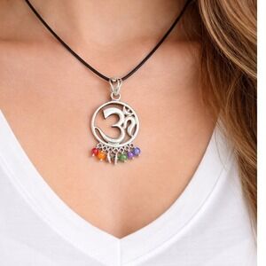 Vintage Sterling Om Pendant Necklace with Chakra Bead Fringe